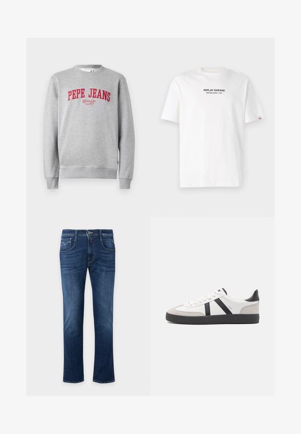 Grå sweatshirt med rødt broderet "PEPE JEANS" logo og teksten "London W1 1973" nedenfor, ribbede ærmer og kant.; Hvid bomulds T-shirt med korte ærmer, prydet med et sort trykt logo, der står "REPLAY GARAGE ETABLERT 1981" på forsiden.; Mørkeblå straight-leg jeans med forreste knap, lynlås og design med fem lommer.; Hvide sneakers med sorte og grå detaljer, med en tekstureret grå tåhætte, sort gummisål og flade hvide snørebånd. Rent design, minimalistisk stil.