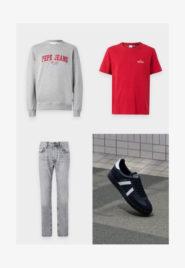 Grå sweatshirt med rødt broderet "PEPE JEANS" logo og teksten "London W1 1973" nedenfor, ribbede ærmer og kant.; Pepe Jeans THIAGO TEE - T-shirts print - rugby red; Grå denimjeans har en lige pasform, fem lommer og diskrete falmede detaljer. Metalknap og lynlås lukning foran.; Sort lædersneaker med hvide striber, tekstureret gummisål og snørrebånd foran. Har et brandet mærke på tungen.