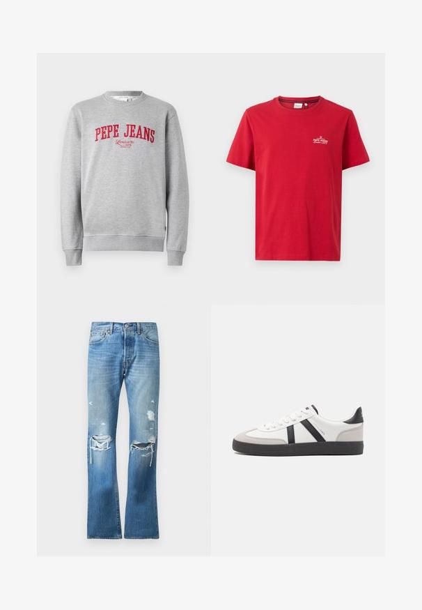 Sudadera gris con el logotipo bordado en rojo "PEPE JEANS" y el texto "London W1 1973" debajo, con puños y dobladillo acanalados.; Pepe Jeans THIAGO TEE - Camiseta estampada - rugby red; Jeans de mezclilla azules de pierna recta con un lavado descolorido y múltiples desgastes en ambas rodillas y muslos superiores.; Zapatilla blanca con acentos en negro y gris, que presenta una puntera texturizada en gris, suela de goma negra y cordones planos blancos. Diseño limpio, estilo minimalista.