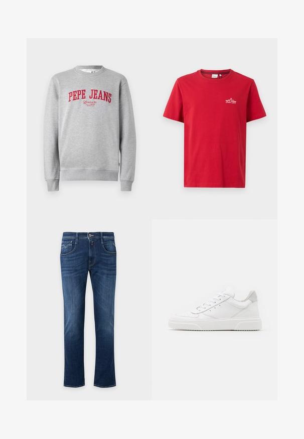 Šedá mikina s červenou vyšitou značkou "PEPE JEANS" a textom "London W1 1973" nižšie, s rebrovanými manžetami a lemom.; Pepe Jeans THIAGO TEE - Tričko s potlačou - rugby red; Tmavomodré rifle s rovnými nohavicami, predným gombíkom, zipsom a dizajnom s piatimi vreckami.; Biele kožené tenisky s hladkým povrchom, zaoblenou špičkou, plochými šnúrkami a textúrovanou podrážkou. Sivý semišový akcent na päte.