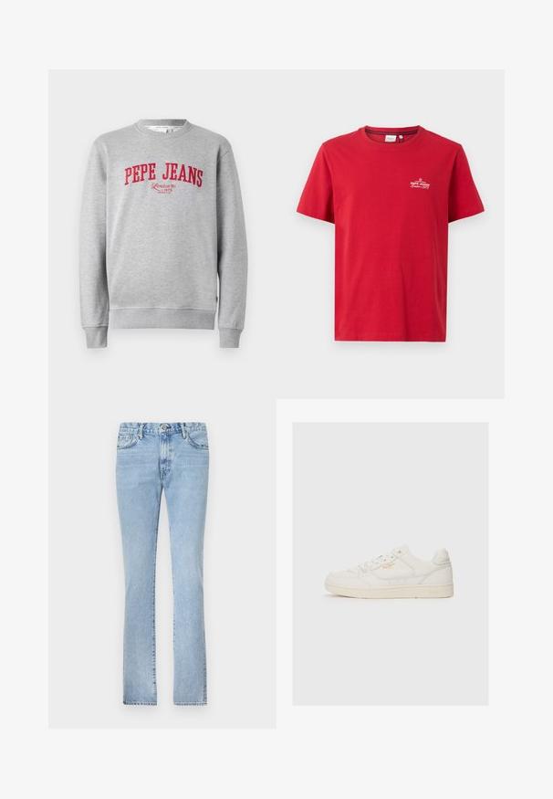 Grauer Sweatshirt mit rotem, gesticktem "PEPE JEANS"-Logo und dem Text "London W1 1973" darunter, mit gerippten Bündchen und Saum.; Pepe Jeans THIAGO TEE - T-Shirt print - rugby red; Helle blaue Jeans aus Denim mit geradem Bein, Fünf-Taschen-Design und Knopfverschluss. Glatte Textur und gleichmäßige Ausbleichung.; Weiße Leder-Sneaker mit glatter Textur, versehen mit perforierten Akzenten, Schnürung an der Vorderseite und einem subtilen Logo in Gold an der Seite.