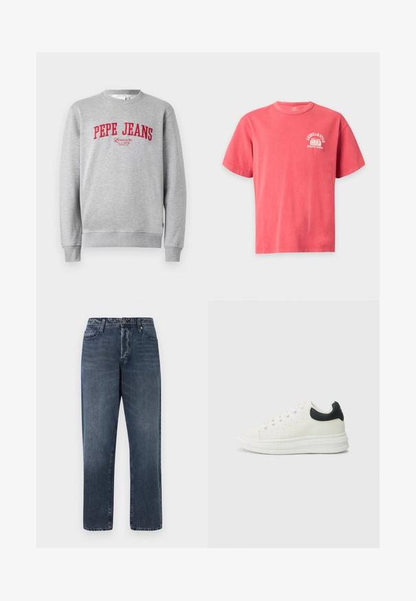 Grå sweatshirt med rødt broderet "PEPE JEANS" logo og teksten "London W1 1973" nedenfor, ribbede ærmer og kant.; Korallyser t-shirt med korte ærmer, rund hals og hvid tekst "American Style New York GAP Athletic Sports" på venstre bryst.; Jack & Jones Loose-fit JJIEDDIE JJORIGINAL SQ 227 - Baggy jeans - blue denim; Hvid lædersneaker med sort hælafslutning, rund tå, flad hvid sål og snørelukning. Minimale perforeringer på siderne.