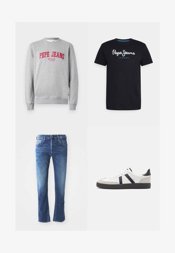 Grijze sweatshirt met rode geborduurde "PEPE JEANS" logo en de tekst "London W1 1973" eronder, ribgebreide mouwen en zoom.; Zwart katoenen T-shirt met een witte scriptlogo "Pepe Jeans" en een blauwe accent, ronde hals en korte mouwen. Eenvoudig, solide ontwerp.; Donkerblauwe spijkerbroek met een rechte pijpdesign, voorzien van vijf zakken, een bruine knoopsluiting en subtiele lichte vervaging op de bovenbenen.; Witte sneaker met zwarte en grijze accenten, voorzien van een grijze neus met textuur, zwarte rubberen zool en platte witte veters. Schoon ontwerp, minimalistische stijl.