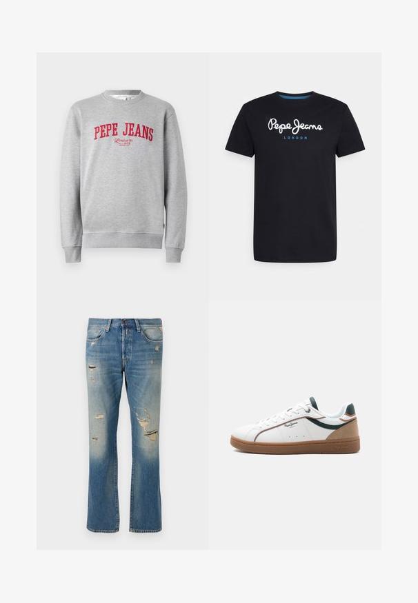 Šedá mikina s červenou vyšitou značkou "PEPE JEANS" a textom "London W1 1973" nižšie, s rebrovanými manžetami a lemom.; Čierne bavlnené tričko s bielym skriptovým logom "Pepe Jeans" s modrým akcentom, okrúhly výstrih a krátke rukávy. Jednoduchý, jednoliaty dizajn.; Svetlo modré denimové džínsy s voľným strihom, s poškodenými detailami a roztrhnutými záplatami, so štandardným dizajnom piatich vreciek a zapínaním na gombík.; Biela nízka teniska s hnedou podrážkou, zelenými a béžovými detailmi, bielymi šnúrkami a logom "Pepe Jeans London" na boku.