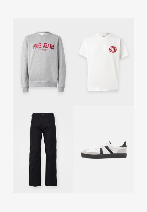 Šedá mikina s červenou vyšitou značkou "PEPE JEANS" a textom "London W1 1973" nižšie, s rebrovanými manžetami a lemom.; Biele bavlnené tričko s okrúhlym červeným logom na ľavej hrudi a textom "981 REPLAY". Krátke rukávy a štandardný strih.; Čierne plátnené nohavice so strihaťou rovného strihu, ktoré majú predné zapínanie na gombík, pútka na opasok a bočné vrecká. Povrch je hladký a odolný.; Biele tenisky s čiernymi a šedými akcentmi, s textúrovanou šedou špičkou, čiernou gumovou podrážkou a plochými bielymi šnúrkami. Čistý dizajn, minimalistický štýl.