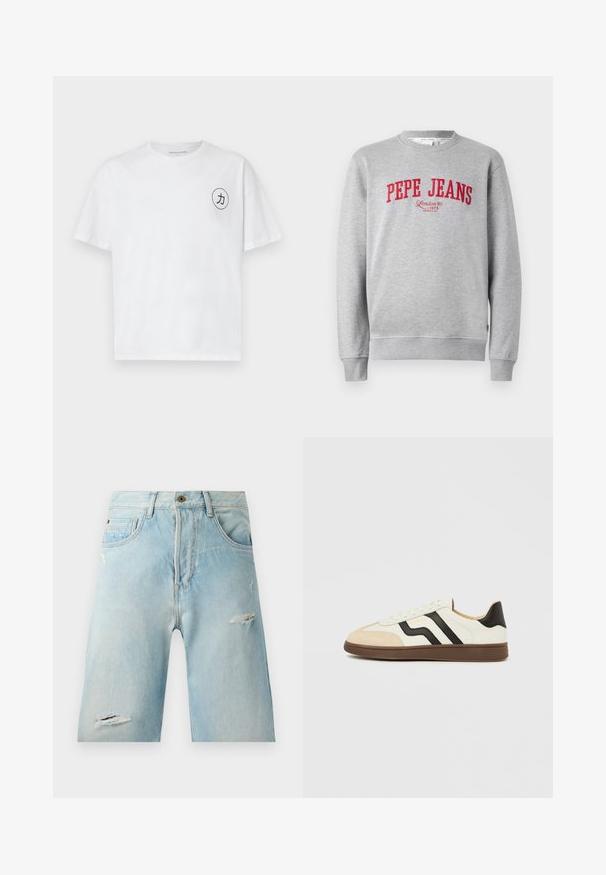 Grå sweatshirt med rødt broderet "PEPE JEANS" logo og teksten "London W1 1973" nedenfor, ribbede ærmer og kant.; Hvid bomulds t-shirt med rund halsudskæring, korte ærmer og et cirkulært sort grafisk motiv med en karakter på venstre bryst.; Lysblå denimshorts med en afslappet pasform, der har slidte detaljer, sidelommer og en enkelt knaplukning øverst.; Hvid læder sneakers med sorte striber og tan ruskind tækkappe. Gummisål i mørkebrun. Snørebånd og polstret krave fuldender designet.