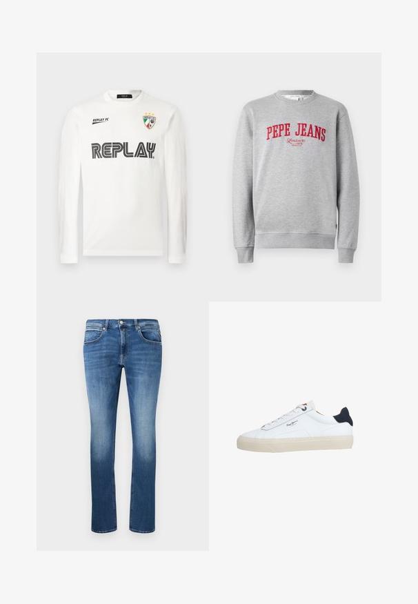 Grå sweatshirt med rødt broderet "PEPE JEANS" logo og teksten "London W1 1973" nedenfor, ribbede ærmer og kant.; Hvid langærmet skjorte med sort "REPLAY" tekst henover brystet, lille "REPLAY FC" tekst øverst til venstre, og et tri-farvet skjold emblem med tre stjerner øverst til højre.; Blå denim jeans med lige snit, der har let falmning, fem lommer og en knap-og lynlås lukning. Syede detaljer langs sømmene.; Hvid lavtop-sneaker med beige sål, hvide snørebånd, sort hælkappe og "Pepe Jeans London"-logo på siden.