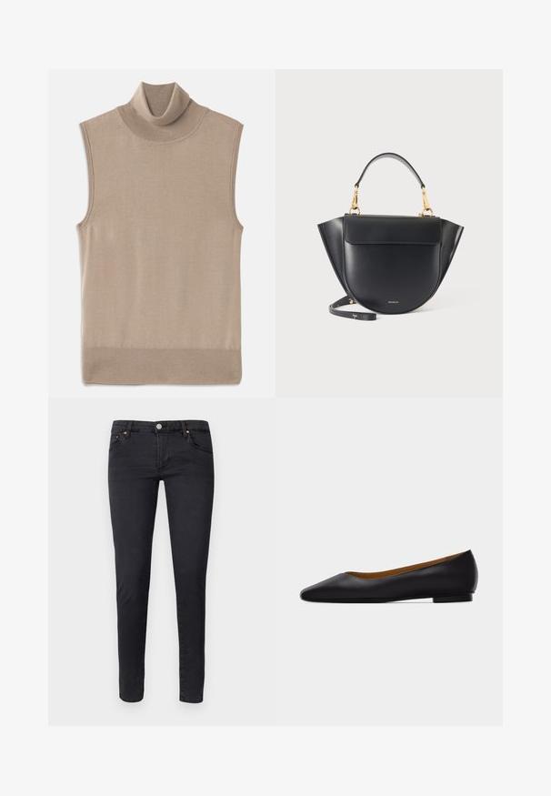 Beige bezrukávový pletený sveter s rolákom, s rebrovaným golierom, otvormi na ruky a lemom, rozložený na bielom pozadí.; AG Jeans Džínsy skinny fit - anthracite black; Čierna kožená dámska obuv s ostrou špičkou, nízkym podpätkom a hladkým povrchom, zobrazená z boku na svetlošedom pozadí.; Čierna kožená kabelka s zaobleným dnom, krídlovými stranami, zlatým kováním, krátkou rukoväťou a odnímateľným dlhým popruhom, na jednofarebnom svetlom pozadí.