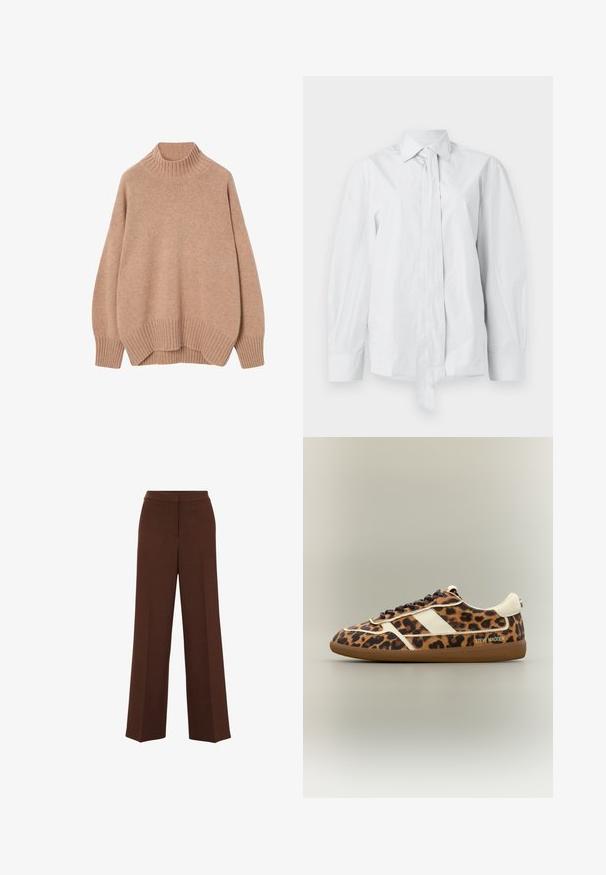 Tan oversized sweater med ribbet turtleneck, droppede skuldre og ribbede manchetter, med en blød struktur og buet sømkant.; Hvid, langærmet skjorte med klassisk krave og forlænget frontsløjfe. Fremstillet af glat stof, med en afslappet pasform og uden mønstre.; Brune bredbenede bukser med en glat overflade, der har en struktureret talje og subtile plisseringer, der løber ned langs forsiden.; Sneakers med leopardprint og brune og cremefarvede detaljer, udstyret med gummisål, snørlukning og "Steve Madden"-mærkning på siden.
