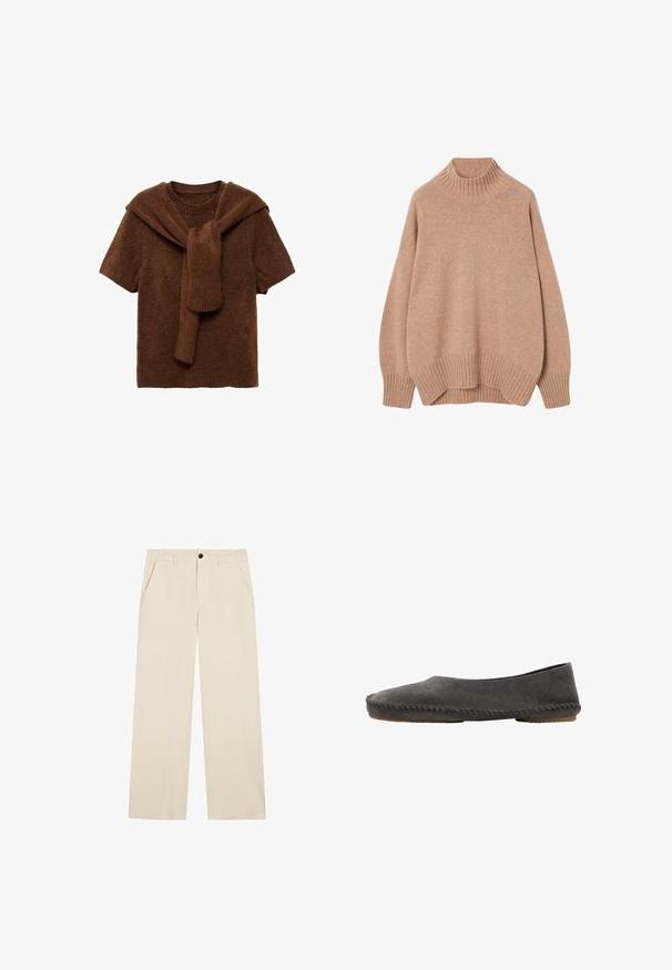 Beige oversized trui met een geribbelde col, verlaagde schouders en geribbelde manchetten, met een zachte textuur en een gebogen zoom.; Bruine korte mouwen trui met een bijpassende lange mouwen trui die rond de hals is gedrapeerd en vastgebonden, gepresenteerd op een witte achtergrond.; Beige rechte broek met voorzakken, riemlussen en een knoopsluiting in de taille.; Donkergrijze suède mocassin-achtige platte schoen met zichtbare handgestikte details langs de zool en een rubberen buitenzool met laag profiel.