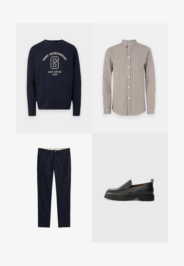 Sweatshirt col ras du cou bleu marine avec texte blanc "GANT SPORTSWEAR", grand logo "G" et "NEW HAVEN 1949" centré sur le devant.; Chemise à manches longues à rayures marron et crème avec un col à boutons, dotée de boutons blancs et de poignets à motifs. Texture de tissu lisse.; Pantalon bleu marine à jambes droites avec poches latérales, passants de ceinture, fermeture à bouton et braguette zippée, présenté à plat sur fond blanc.; Chaussure slip-on en cuir noire avec un bout rond, un dessus texturé, des coutures rouges contrastantes et un petit talon. Présente une languette en boucle.