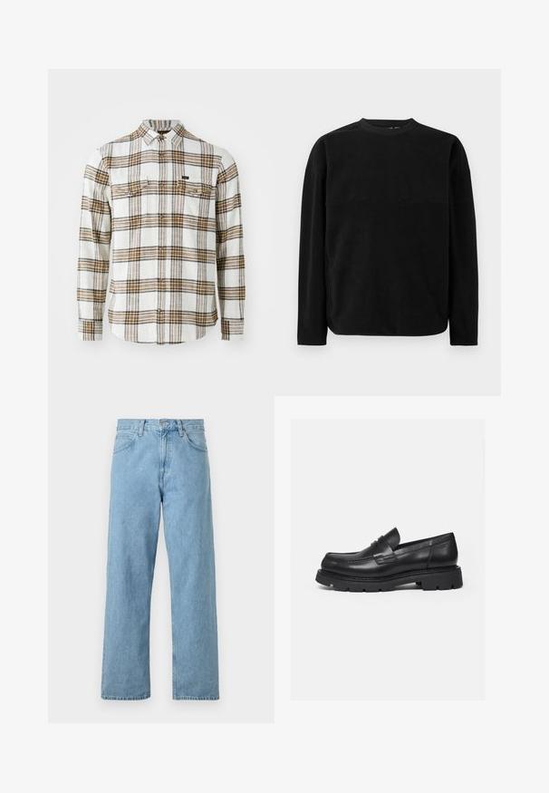 Sudadera negra de manga larga hecha de una tela suave, con un cuello redondo, hombros caídos y un diseño en panel en el pecho.; Lee CLEAN WESTERN - Camisa - ecru ochre plaid; Jeans de mezclilla azul claro con un diseño de pierna recta, cinco bolsillos, cierre de botón y cremallera, y un acabado ligeramente desgastado.; Mocasín negro de cuero con suela gruesa y acanalada y detalle de tira para moneda, mostrado en perfil lateral derecho sobre fondo blanco.