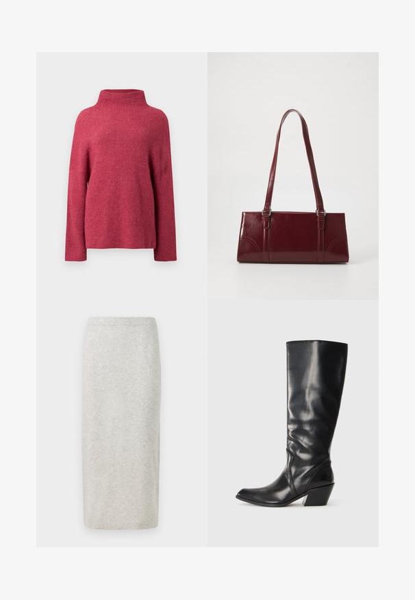 Pull en tricot de couleur rose profond, avec un col montant, des manches longues et une coupe décontractée avec une texture côtelée sur l'ensemble.; Jupe crayon en tricot gris clair, avec une texture lisse et un design ajusté, ourlée en bas avec une taille légèrement extensible.; Botte en cuir noir montante jusqu'au genou avec un bout pointu, un talon angulaire et une texture lisse. Présente une subtile couture sur le côté.; Sac à main bordeaux en matériau brillant, de forme rectangulaire, avec deux anses et des accents légèrement courbés à l'avant.