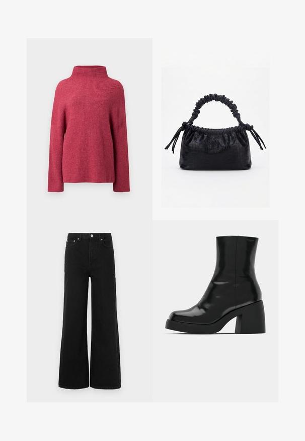 Strikket sweater i en dyb rosa farve, med høj krave, lange ærmer og en afslappet pasform med ribbet tekstur hele vejen igennem.; Sorte jeans med vide ben lavet af denim; har høj talje, forlommer og knaplukning. Ingen synlige mønstre eller pynt.; Sorte ankelstøvler med en blank finish, firkantet tå og en tyk blokhæl. Designet har en strømlinet silhuet og minimal branding.; Sort taske med krokodilletekstur, rynket øverste kant, samlet hank og snore med kvaster på hver side mod en hvid baggrund.