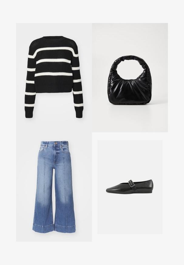 Schwarzer, cropped Pullover mit weißen horizontalen Streifen, gestrickte Textur, runder Hals und gerippte Bündchen sowie Saum.; Weite Denim-Jeans in Hellblau, mit hoher Taille, ausgewaschenem Design, Fronttaschen und genähten Details entlang der Beine.; Schwarze Lederflachschuhe mit spitzem Zehenbereich, ausgestattet mit einem metallischen Riemen über dem Spann und einer niedrigen, flexiblen Sohle.; Schwarze gepolsterte Handtasche mit einem runden Griff, die eine glatte, glänzende Oberfläche und eine weiche, gestepfte Textur aufweist. Keine sichtbare Hardware oder Akzente.