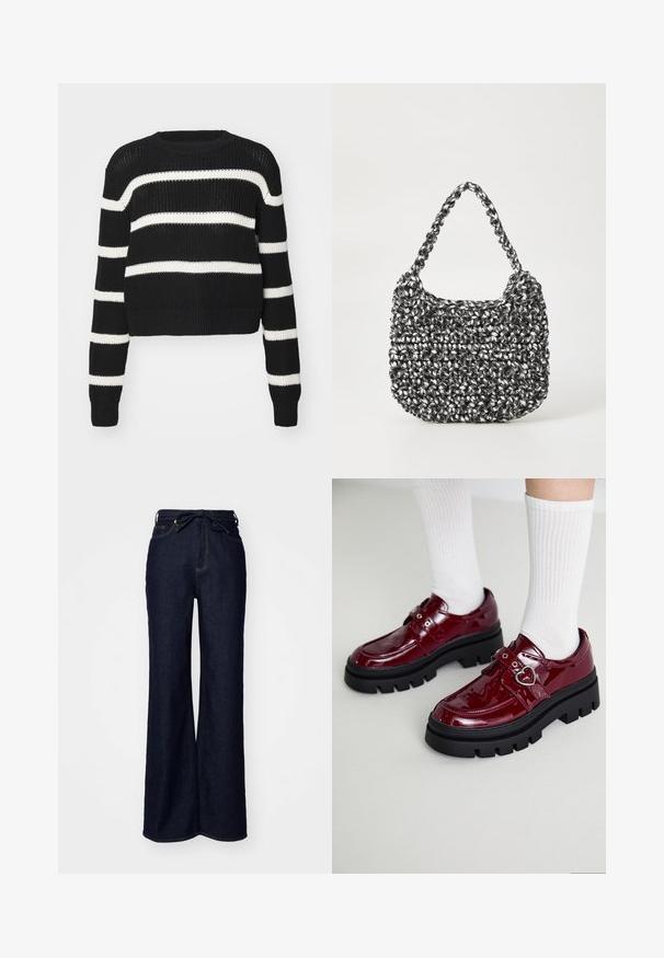 Sort cropped sweater med hvide vandrette striber, strikket tekstur, rund hals og ribbede manchetter og kant.; Mørkeblå brede bukser lavet af denim, med høj talje, forlommer og en bindebåndslukning i taljen.; Bordeaux patent læder sko med en kraftig sort sål, dobbelt rem med hjerte detalje og ribbede hvide sokker. Retro design med tykkere greb.; Vævet håndtaske i sort og hvid med en rund form, tekstureret overflade og et fletet håndtag. Velegnet til afslappet brug.