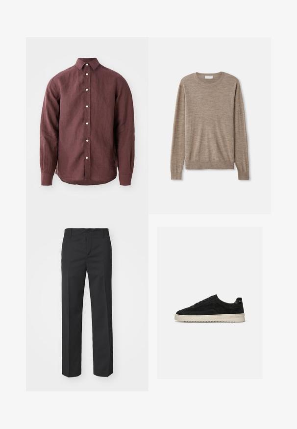 Beige sweater lavet af fint strikket materiale. Har en rund halsudskæring, lange ærmer samt ribkantede manchetter og søm. Simpelt og klassisk design.; Bordeaux langærmet skjorte lavet af tekstureret stof, med en klassisk krave, knaplukning foran og kontrastfarvede knapper.; Filippa K TROY TROUSERS - Bukser - black; Sort ruskind lav-sneaker med sorte snørebånd og hvid gummisål, sidevisning på ensartet lys grå baggrund.