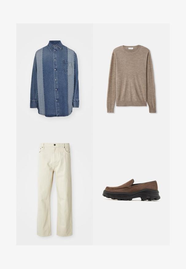 Beige trui gemaakt van fijngebreid materiaal. Heeft een ronde halslijn, lange mouwen en ribbelboorden aan de mouwen en onderkant. Eenvoudig en klassiek ontwerp.; Denim shirt met een tweekleurig ontwerp met donkere en lichte blauwe secties, knoopsluiting aan de voorkant, kraag en een borstzak.; Beige katoenen jeans met een rechte pasvorm, vijf zakken, een knoopsluiting en zichtbare stikseldetails. Gladde textuur met een casual ontwerp.; Bruine suede instapper met een dikke zwarte rubberen zool, voorzien van gedurfde profielpatronen en een gladde, ronde neusdesign.