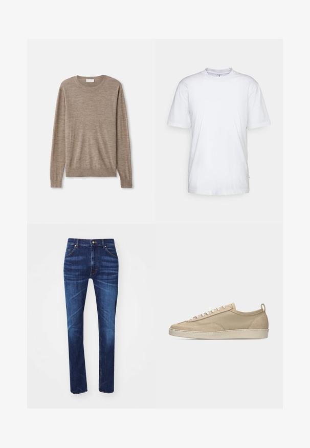 Beige sweater lavet af fint strikket materiale. Har en rund halsudskæring, lange ærmer samt ribkantede manchetter og søm. Simpelt og klassisk design.; Hvid bomulds t-shirt med rund hals, korte ærmer og lige kant. Har et lille mærke på den venstre sidesøm.; Mørkeblå denim jeans med lige ben-design, der har fem lommer, kontrasterende orange syninger og en klassisk metalknaplukning.; Beige lavtop sneakers med overdel i stof og ruskind, hvide snørebånd, gummisål og hælstrækkehank, vist i sideprofil på hvid baggrund.