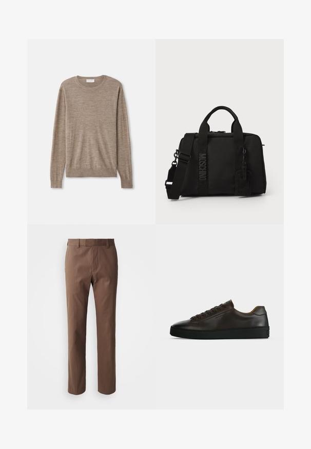 Beiger Pullover aus feinem Strickmaterial. Mit Rundhalsausschnitt, langen Ärmeln und gerippten Bündchen sowie Saum. Einfaches und zeitloses Design.; Braune Hose mit taillierter Passform, flachem Frontdesign und zwei seitlichen Taschen. Hergestellt aus einem glatten Stoff mit sauberem Finish und ohne sichtbare Muster.; Flach geschnittener dunkelbrauner Ledersneaker mit schwarzer Gummisohle, Schnürung vorne und schlicht-minimalistischem Design auf hellem Hintergrund.; Schwarze Textilentüte mit doppelten Griffen und abnehmbarem Schultergurt. Verfügt über ein geprägtes Logo und ein Lederlabel. Glatte Textur, rechteckige Form.
