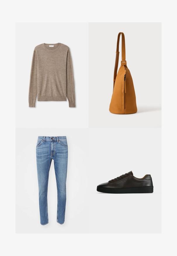 Beige neule ohutta neulosta. Siinä on pyöreä kaula-aukko, pitkät hihat sekä ribbeatut hihansuut ja helma. Yksinkertainen ja klassinen muotoilu.; Siniset farkut slim-fit -leikkauksella, joissa on viisi taskua ja hillityt pesuvedot. Varustettu nappisuljennalla ja kontrastivärisillä ompeleilla.; Matala profiili tumma ruskea nahkainen lenkkarit mustalla kumipohjalla, nauhallinen malli ja sileä minimalistinen muotoilu vaalealla taustalla.; Ruskea nahkainen olkalaukku, jossa säädettävä hihna ja pystysuora vetoketjutasku, näytetty sivulta yksinkertaisella vaalealla taustalla.