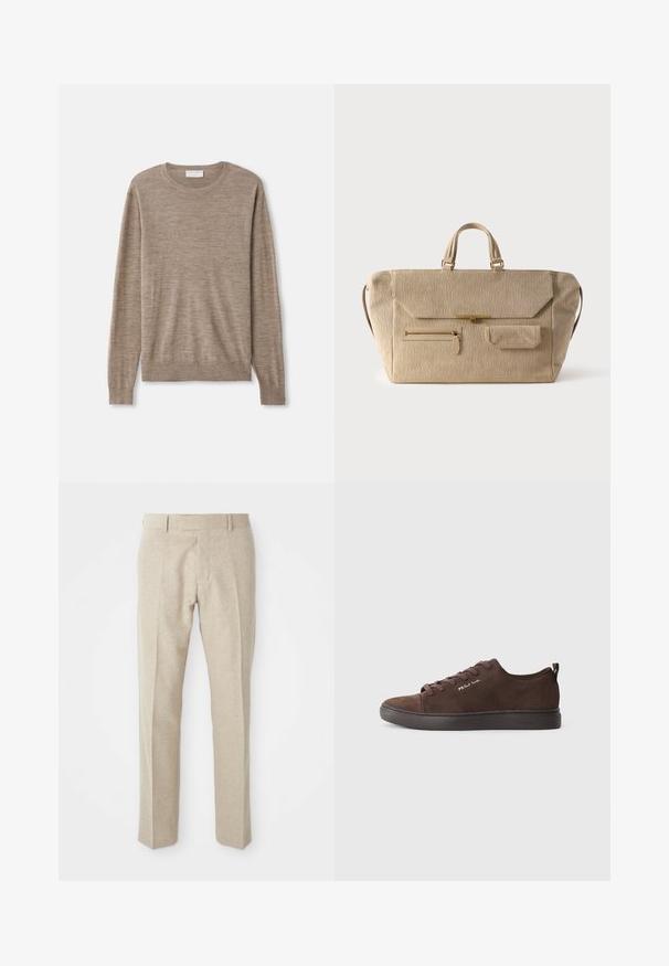 Beige sweater lavet af fint strikket materiale. Har en rund halsudskæring, lange ærmer samt ribkantede manchetter og søm. Simpelt og klassisk design.; Beige skræddersyede bukser lavet af tekstureret stof, med flad front, lige ben og en traditionel talje med bæltesløjfer.; Brune ruskinds sneakers med mørke gummisåler, der har rund tå, snørebånd foran og diskret branding på siden. Minimalistisk design.; Beige fløjlsbukse-weekendtaske med dobbelte håndtag, klaplås, frontlomme med lynlås og lille klaplomme på hvid baggrund.