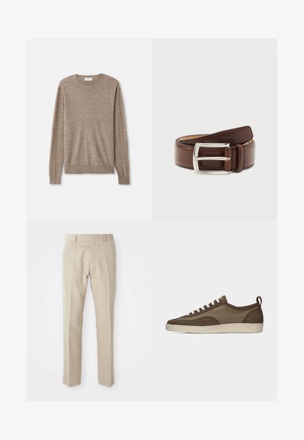 Beige sweater lavet af fint strikket materiale. Har en rund halsudskæring, lange ærmer samt ribkantede manchetter og søm. Simpelt og klassisk design.; Beige skræddersyede bukser lavet af tekstureret stof, med flad front, lige ben og en traditionel talje med bæltesløjfer.; Lavprofileret brun sneaker med hvide snørebånd, beige sål, stof og ruskindsoverdel, side pull-tab og "Tiger of Sweden" logo i guldtekst.; Snoet glat brun læderbælte med sølv rektangulært spænde indgraveret med "Tiger of Sweden" på neutral baggrund.