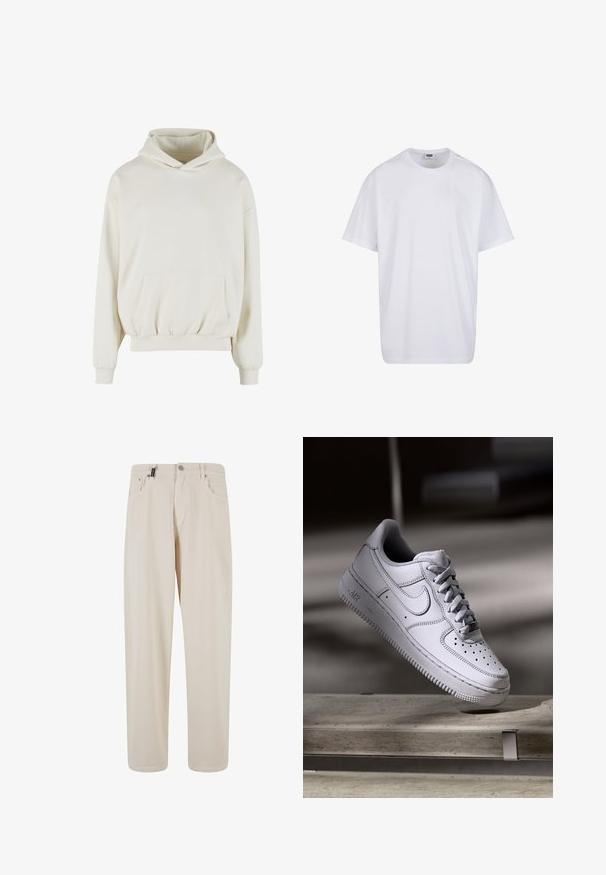 Hoodie in Cremefarbe aus weichem Stoff. Verfügt über eine Fronttasche, elastische Bündchen und eine Kapuze mit Kordelzug sowie einem kleinen gestickten Logo.; Schlichtes weißes Kurzarm-T-Shirt aus Baumwolle mit Rundhalsausschnitt und sichtbarem Größen- sowie Markenlabel im Innenkragen.; Beige Baumwollhose mit geradem Bein, ausgestattet mit Vorderwärtstaschen und einem Knopfverschluss. Glatte Textur mit minimaler Detailierung.; Weißer Nike Air Force 1 Sneaker aus Leder mit perforierter Zehenpartie, flachen Schnürsenkeln und strukturierter Gummisohle mit "AIR"-Branding an der Seite.