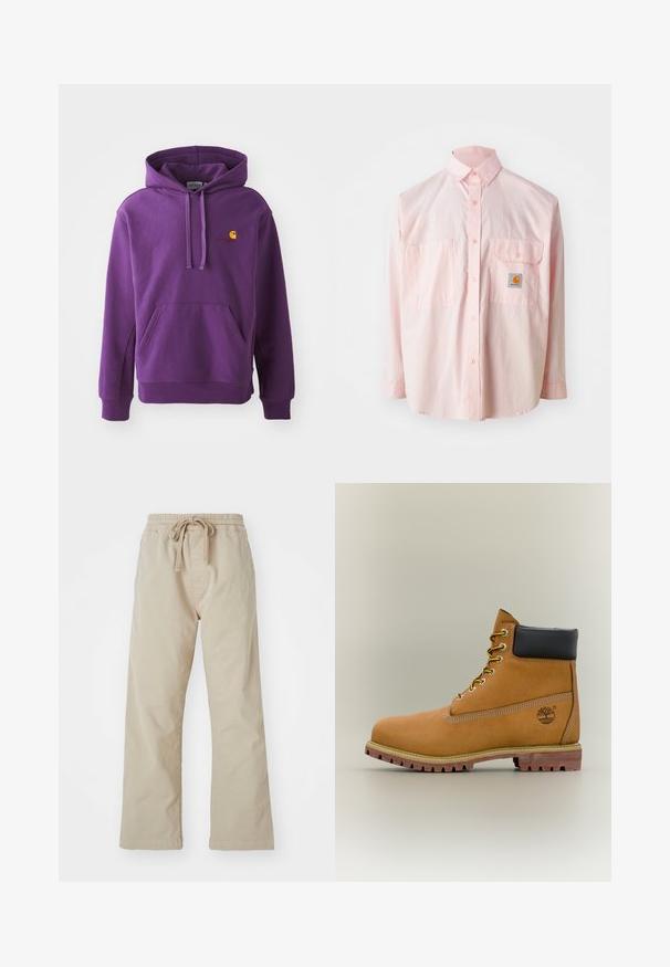 Sudadera con capucha púrpura, con un bolsillo delantero y puños acanalados, que presenta un pequeño logotipo naranja de Carhartt en el pecho. Textura de tela suave.; Camisa de botones rosa claro con dos bolsillos en el pecho y una etiqueta de logo. Hecha de algodón, con cuello clásico y mangas largas.; Pantalones de algodón beige con cintura elástica y cordón ajustable. Diseño de pierna recta, textura suave y sin patrones o acentos visibles.; Bota de tobillo de cuero marrón con cuello negro, cordones amarillos y suela beige. Presenta un logotipo y detalles de costura blanca. Suela exterior con tracción robusta.