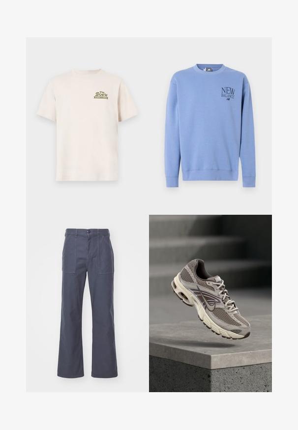 Lichtblauwe trui met ronde hals en lange mouwen, met het "New Balance"-logo op de linkerborst gedrukt.; Crème katoenen t-shirt met korte mouwen. Bevat een groen logo met de tekst "The Doors ELEMENT X TIMBER!" op de linkerborst.; Donkergrijze, wijde broek van katoen. Voorzien van twee voorkruiken en een knoopsluiting. Vlotte textuur met een casual ontwerp.; Grijze en beige Nike hardloopschoen zweeft in de lucht boven een betonnen richel met onscherpe trappen op de achtergrond.