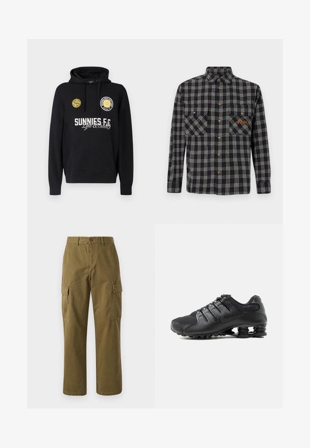 Sort hættetrøje med kængurulomme, runde gule pletter på brystet og hvid tekst med "SUNNIES FC" og "Lyle & Scott."; Skjorte i ternet flannel i marineblå og creme med guldfarvede knapper, to brystlommer og orange logodetalje på venstre lomme.; Oliven grønne cargo bukser lavet af bomuld, med lige ben, front knaplukning og to sidelommer med klaplukninger.; Sort atletiksko med tekstureret overdel, snørelukninger og karakteristisk fjederlignende sålstøtte synlig på hvid baggrund.