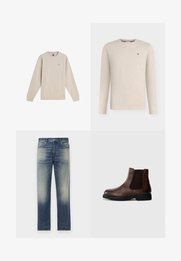 Beige trui met lange mouwen en ronde hals, voorzien van een klein Tommy Hilfiger vlaglogo op de borst en een merklabel in de nek.; Beige longsleeve shirt met ronde hals en klein rechthoekig rood, wit en blauw logo op de linkerborst tegen een effen achtergrond.; Blauwe denim jeans met een rechte snit, voorzien van subtiele vervaging en wassing details aan de voorkant, vijf-pocket ontwerp en ceintuurlussen.; Bruine leren Chelsea-laars met elastische zijpanelen, afgeronde neus en rubberen zool. Voorzien van gestikte accenten en een klein logodetail.