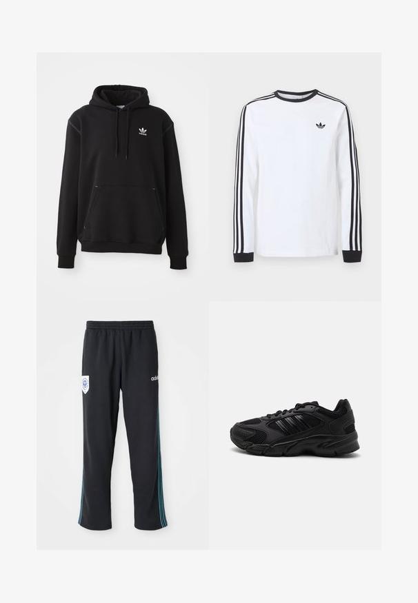 Schwarzer Baumwoll-Hoodie mit Kängurutasche, weißem Adidas-Logo, gerippten Bündchen und Saum, mit verstellbarem Kapuzenzug und gestickten Akzenten.; Weißes Adidas-Langarmshirt mit schwarzem Rundhalsausschnitt, schwarzen Bündchen, drei schwarzen Streifen an den Ärmeln und schwarzem Trefoil-Logo auf der Brust.; Schwarze Polyester-Sporthosen mit elastischem Bund, ausgestattet mit einem blauen Streifen an der Seite und einem Logo auf der linken Vorderseite der Hüfte.; Schwarze Sportschuhe mit einer Kombination aus atmungsaktivem Mesh und synthetischen Materialien. Auffällige strukturierte Sohle und drei schwarze Streifen an der Seite.