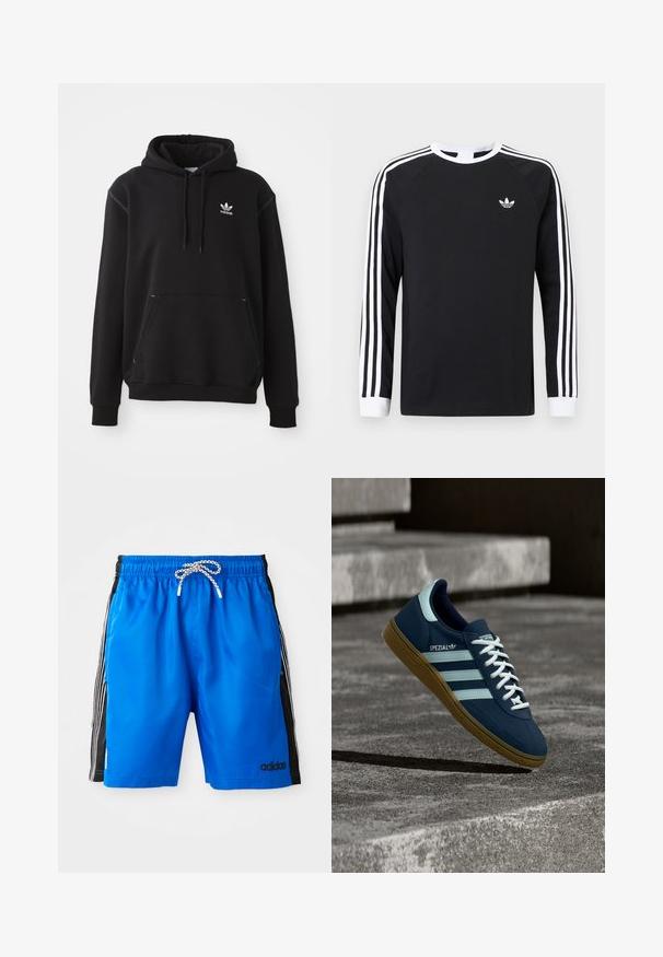 Zwarte katoenen hoodie met een kangoeroezak, wit Adidas-logo, ribgebreide manchetten en zoom, uitgerust met een capuchon met trekkoord en gestikte accenten.; Zwart T-shirt met lange mouwen en een wit drie-strepen ontwerp op de mouwen. Voorzien van een ronde hals en een klein wit logo op de borst.; Blauwe zwemboxers met een elastische tailleband, witte trekkoord en zwarte zijpanelen met drie witte strepen en een Adidas-logo.; Blauwe Adidas Spezial sneaker met witte strepen en veters, gumzool, zwevend boven een ruwe betonnen oppervlakte en trappen op de achtergrond.