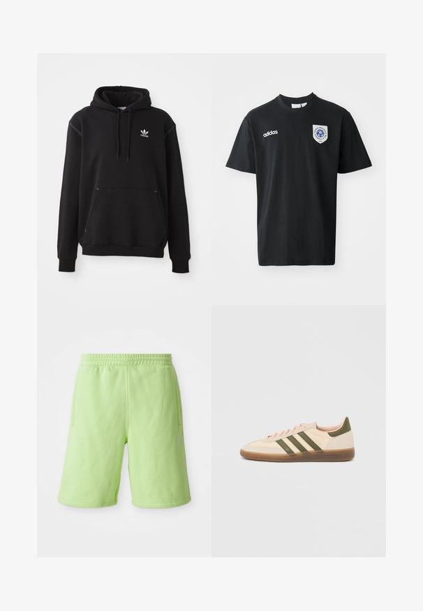 Sort bomuldshoodie med kängurulomme, hvid Adidas-logo, ribbede ærmer og kant, med snøre i hætten og syede detaljer.; Sort kortærmet t-shirt lavet af bomuld, med rund hals. Indeholder hvidt Adidas-logo og et mærke med et blåt emblem på venstre bryst.; Limegrønne shorts lavet af blødt stof, med elastisk talje, sidelommer og et lille hvidt logo nederst til højre.; Beige Adidas Spezial sneaker med lav profil, grønne striber, gummisål og "SPEZIAL"-branding på siden, vist fra ydersiden.