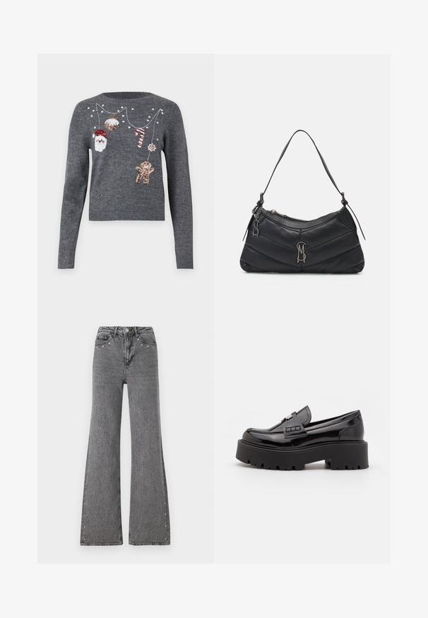JDY JDYTWINKLE XMAS O NECK PULLOVER - Striktrøje - medium grey melange; Bredde ben jeans i grå denim med høj talje, frontlommer og dekorative nitter langs sidesømmene. Glat tekstur.; Madden Girl CALISTA - Loafers - black; Sort læder skuldertaske med quiltet design, sølv hardware detaljer og en buet lynlås lukning. Har en slank, justerbar skulderrem.