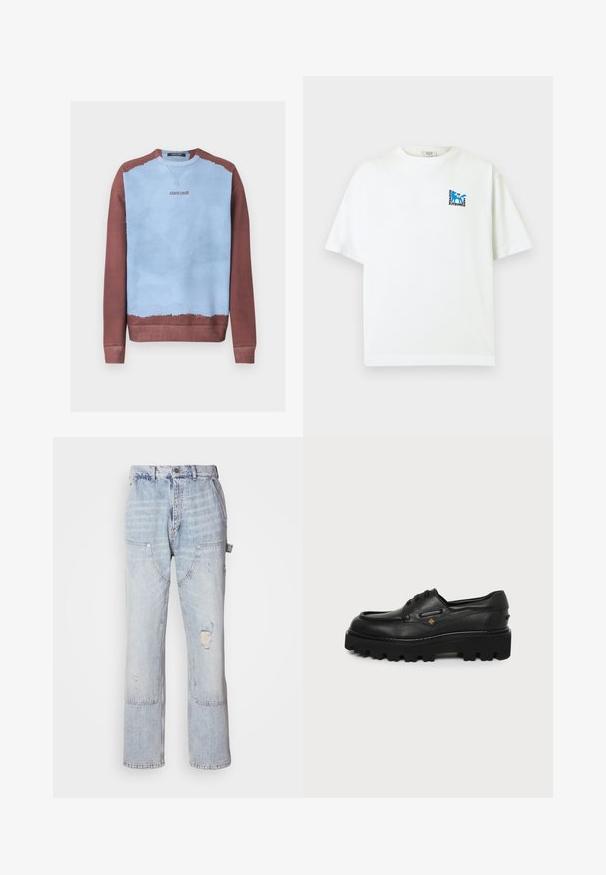 Crewneck-sweatshirt med lyseblåt midterparti og brune ærmer, krave og kant, med "roberto cavalli" logo på brystet.; Hvid T-shirt med korte ærmer, med lille blåt rævlogo og teksten "Maison Kitsuné 2062 Paris" på øverste venstre bryst.; Lyseblå denim carpenter jeans med flere lommer, en frontknap, lynlås og slidte detaljer på højre lår.; Sort lædersko med snørebånd, tyk robust sål og diskret gulddetalje på siden, vist i siden mod en hvid baggrund.