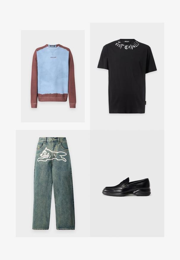 Sudadera estilo crewneck con centro azul claro y mangas, cuello y dobladillo marrones, con el logo "roberto cavalli" en el pecho.; Camiseta negra de manga corta con texto blanco "Just Cavalli" alrededor del escote y una etiqueta de marca dentro del cuello.; Jeans de mezclilla de color azul claro con un ajuste holgado, que presentan un gran gráfico de un gato blanco en la pierna izquierda y un diseño tradicional de cinco bolsillos.; Mocasines de piel negra con una suela de goma texturizada y baja, y un diseño de costura en la parte superior. Presenta una punta redondeada y mínimas ornamentaciones.