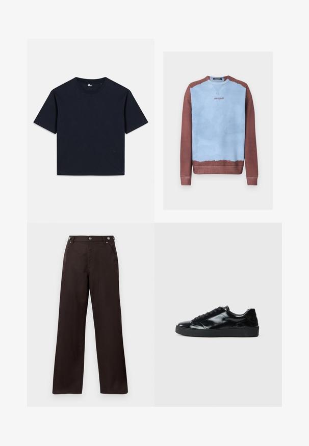 Crewneck sweatshirt with light blue center and brown sleeves, collar, and hem, featuring "roberto cavalli" logo on chest.; Navy blue short-sleeve t-shirt, made of cotton. Crew neck design with a straight hem and minimal branding at the bottom left corner.; Dark brown straight-leg pants with button details on the waistband and two front pockets, displayed on a white background.; Black patent leather sneakers with a rounded toe, lace-up design, textured rubber sole, and a smooth finish.