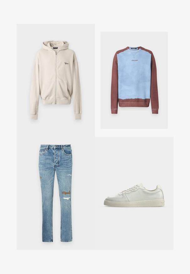 Sweatshirt à col ras du cou avec centre bleu clair et manches, col et ourlet marron, avec le logo "roberto cavalli" sur la poitrine.; Haut à capuche zippé beige en tissu côtelé, doté d'une poche avant, d'une texture douce et d'un petit logo noir sur la poitrine gauche.; Jean droit bleu clair avec légère usure et détails de texte brodé marron sur la cuisse droite et la cuisse gauche.; Basket basse en cuir blanc avec fermeture à lacets et semelle en caoutchouc blanc cassé, vue de profil sur un fond uni.