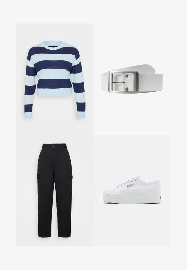 Pull bleu et marine à rayures, avec un col rond, des manches longues et une coupe courte. Fabriqué en un tissu tricoté doux.; Pantalon cargo noir à taille haute, avec des plis à l'avant, deux poches latérales et une coupe décontractée, fabriqué en tissu robuste avec une texture lisse.; Baskets en toile blanches avec une épaisse semelle plateforme blanche, bout rond et œillets en métal pour les lacets. Logo de la marque affiché sur le côté.; Ceinture en cuir blanc avec une boucle en métal argenté rectangulaire et un ardillon, présentant une texture lisse et un design minimaliste.