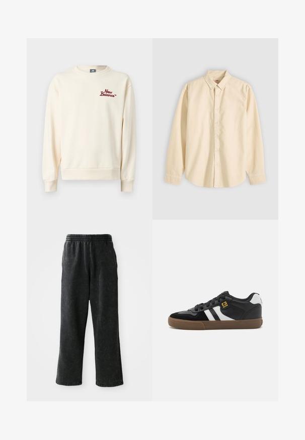 Kermanvärinen pitkähihaisen collegepuseron vasemmassa rinnassa on tummanpunainen "New Balance" -logo.; Pitkähihainen beige napillinen kauluspaita, esillä litteänä, napitettu ja kalvosimet kiinnitetty vaalealla taustalla.; Mustat collegehousut, jotka on valmistettu tekstuurikankaasta. Niissä on joustava vyötärö, sivutaskut ja rento istuvuus suorin lahkein.; Mustat ja valkoiset lenkkarit, joissa on mokkanahka- ja nahkapinta, valkoiset raidat, mustat nauhat ja ruskea kumiura. Kultaiset logokorostukset.