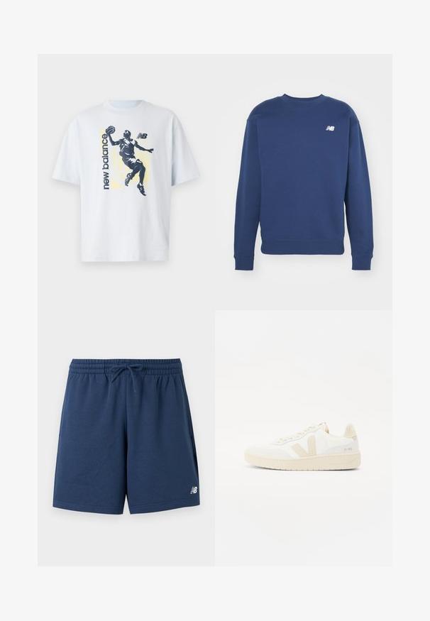 Marineblauwe sweatshirt gemaakt van een katoenmix, met een ronde hals, lange mouwen, ribgebreide manchetten en een klein wit logo op de borst.; Lichtblauw katoenen T-shirt met een donkere silhouet van een basketbalspeler en "new balance" tekst in contrasterende kleuren. Korte mouwen.; Marineblauwe sportshorts met elastische tailleband, trekkoord, zijzakken en wit New Balance-logo op het linkerbeen.; Witte sneaker met beige accenten, voorzien van een gestructureerde bovenkant, ronde neus en een dikke rubberen zool. Het ontwerp bevat het iconische V-logo en merkbranding.