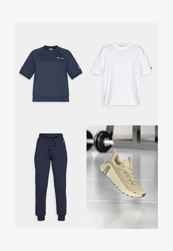 Marineblå bomulds-sweatshirt med korte raglanærmer, ribbet rund halsudskæring og broderet Champion-logo på brystet. Glat tekstur.; Hvid bomuld t-shirt med rund halsudskæring, korte ærmer og et lille logo på venstre bryst. Glat tekstur, standard pasform.; Mørkeblå sweatpants lavet af en bomulds-blanding, med snor i taljen, ribbede manchetter og et lille logo på hoften.; Beige sportsko med tekstureret overdel, bred sål og brune accenter. Har snørebåndsdesign og et fremtrædende mærkelogo.