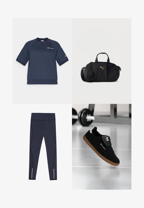Marineblå bomulds-sweatshirt med korte raglanærmer, ribbet rund halsudskæring og broderet Champion-logo på brystet. Glat tekstur.; Navy blå leggings lavet af strækbart stof, med en høj talje og buede sidesømme, samt reflekterende detaljer ved anklerne.; Sort og brun Champion-sneakers svævende i luften i et fitnessmiljø med en sløret vægtstang i baggrunden.; Sort tekstureret skuldertaske med top håndtag, bred justerbar rem og lille gyldent Puma-logo centreret foran.