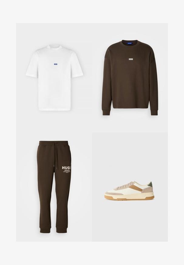 Bruine trui met lange mouwen van katoen, met een ronde hals en een klein wit "HUGO" logo op de borst. Textuurstof.; Wit T-shirt met korte mouwen en een ronde hals met een klein blauw rechthoekig "HUGO"-logo gecentreerd op de borst.; Bruine sweatpants gemaakt van zacht materiaal, met een elastische tailleband met een trekkoord en witte logo-details op de voorkant.; Sneakers in beige, crème en olijfgroen, met suede en leer, een ronde neus, een minimalistisch ontwerp en een rubberen zool.