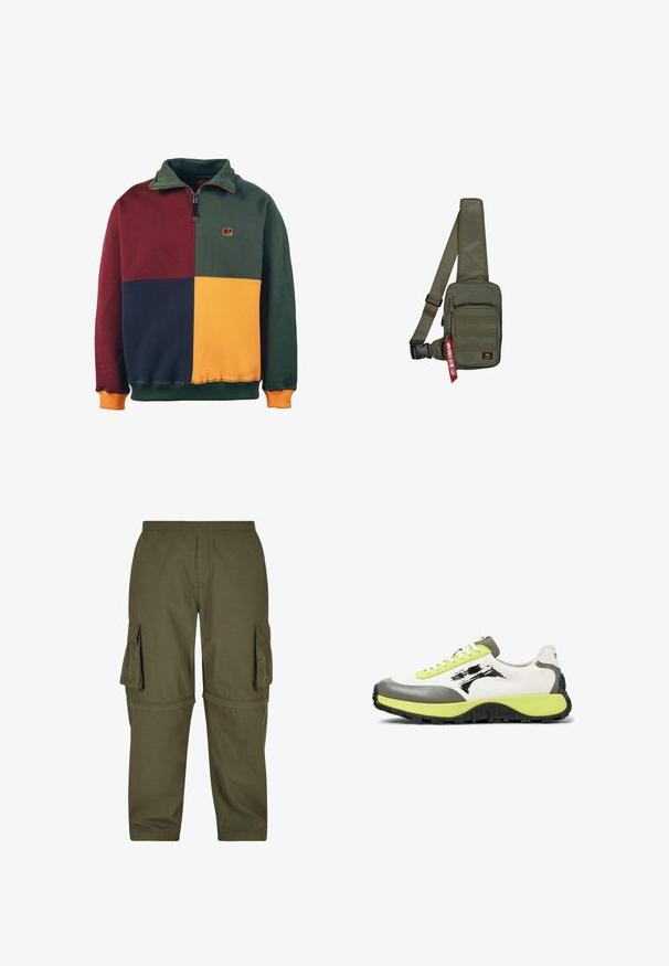 Blockfarbener Sweatshirt mit Abschnitten in Grün, Burgunderrot, Marineblau und Senfgelb. Reißverschlusskragen-Design mit einem Elefantenlogo auf der Brust. Weicher Stoff.; Olivgrüne Cargo-Hosen aus leichtem Material, mit mehreren Seitentaschen, einem elastischen Bund und einem geraden Schnitt.; Die Sneakers verfügen über ein weißes Obermaterial aus Canvas, graue Gummielemente, neongrüne Schnürsenkel, ein auffälliges Logo und eine strukturierte schwarze Sohle für besseren Grip.; Olivgrüne Umhängetasche aus strukturiertem Stoff, mit einer Reißverschlusstasche vorne und einem roten Markenetikett. Verstellbarer Träger für Komfort.