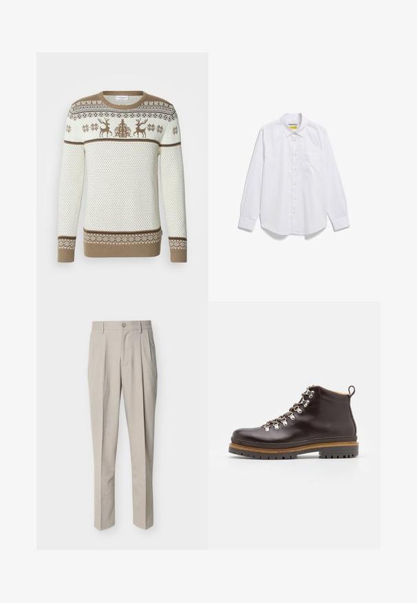 Gebreide trui in crème en beige, met een patroon van een hert en sneeuwvlokken. Geribbelde boorden en zoom, textuur met contrasterende banden.; Witte lange mouwen overhemd met knoopsluiting en een borstzak, plat gelegd op een witte achtergrond.; Beige op maat gemaakte herenkleding met voorplooien, riemlussen, een knoopsluiting en een rechte pijp, afgebeeld tegen een witte achtergrond.; Zign by Zalando LEATHER - Veterboots - brown