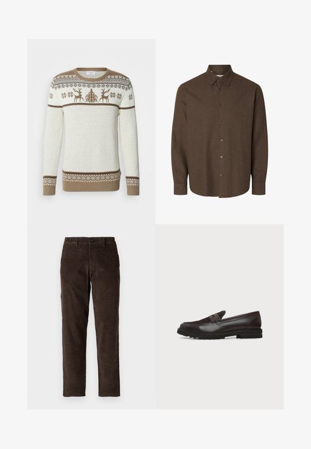 Gebreide trui in crème en beige, met een patroon van een hert en sneeuwvlokken. Geribbelde boorden en zoom, textuur met contrasterende banden.; Bruin overhemd met lange mouwen en knopen, klassieke kraag en manchetten met één knoop, afgebeeld tegen een witte achtergrond.; Bruine corduroybroek met een recht model, voorzien van een knoopsluiting aan de voorkant en standaard riemlussen. Soepele textuur en een klassieke snit.; Donkerbruine leren en suède penny loafer met een dikke zwarte rubberen zool, zijaanzicht op een witte achtergrond.