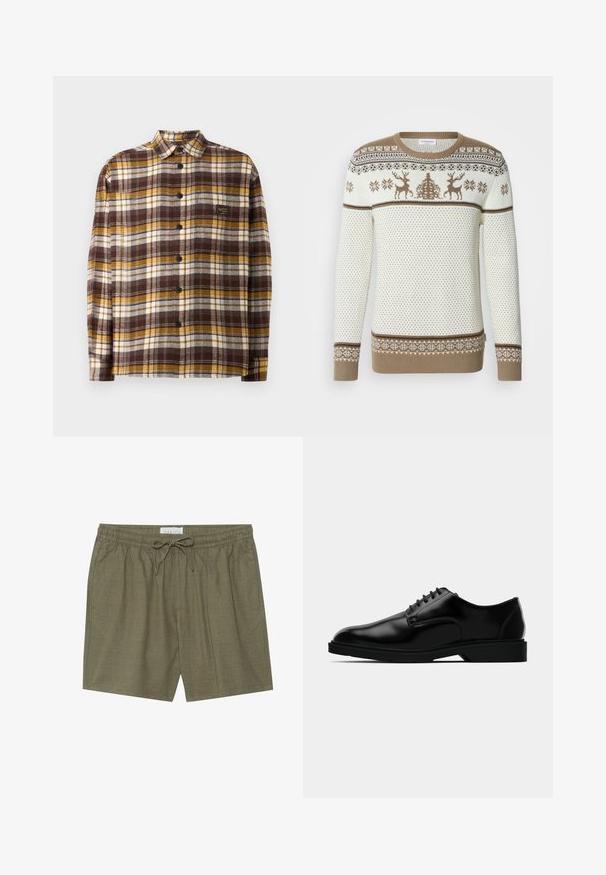 Strikket sweater i creme og tan med et motiv af rensdyr og snefnug. Ribstrikkede ærmekanter og kant forneden, struktureret design med kontrasterende bånd.; Brun, gul og hvid ternet skjorte med knapper, lavet af stof; har krave, lange ærmer, og frontknapper. Lille logo mærke på brystet.; Olivengrønne shorts lavet af struktureret stof, med en elastisk talje og snor samt sidelommer for bekvemmelighed.; Sorte læder dress sko med en glat finish, rund tå, snørebåndsdesign og diskret gummisål for godt greb.